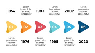 Vektör okları üçgenler zaman çizelgesi Infographic, diyagram grafik, grafik sunum. İş ilerleme kavramı ile 6 seçenekleri, parçalar, adımları, işler.