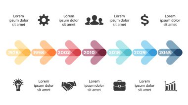 Vektör okları daireler zaman çizelgesi Infographic, diyagram grafik, grafik sunum. İş ilerleme kavramı ile 7 seçenekleri, parçalar, adımları, işler.