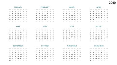 Takvim Infographic, tablo grafik, sunu grafik. İş dönem kavramı. Görev Yöneticisi'ni. Hafta, ay. 2019 yıl. Zaman yönetimi. Organizatör tarihi günlüğü. İlk gün Pazartesi.