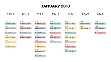 Takvim Infographic, tablo grafik, sunu grafik. İş dönem kavramı. Görev Yöneticisi'ni. Gün, hafta, ay. 2018 yıl. Zaman yönetimi. Organizatör tarihi günlüğü. İlk gün Pazartesi.