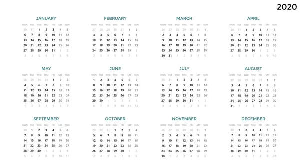 2020 kalendersjabloon Verticale weken Eerste dag maandag 