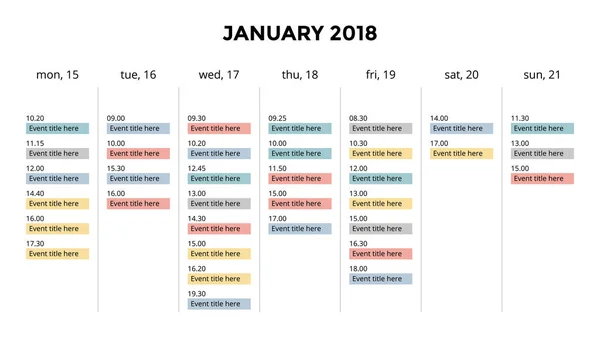 Naptár infographic, táblázat, diagram, diagram bemutatása. Üzleti időszak fogalmát. Feladat igazgató. Nap, hét, hónap. 2018 év. Időgazdálkodás. Szervező dátum naplója. Első nap hétfő. — Stock Vector