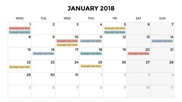 Kalender infographic, tabel grafiek, grafiek van de presentatie. Periode bedrijfsconcept. De manager van de taak. Dag, week, maand. 2018 jaar. Beheer van de tijd. Organisator datum dagboek. — Stockvector