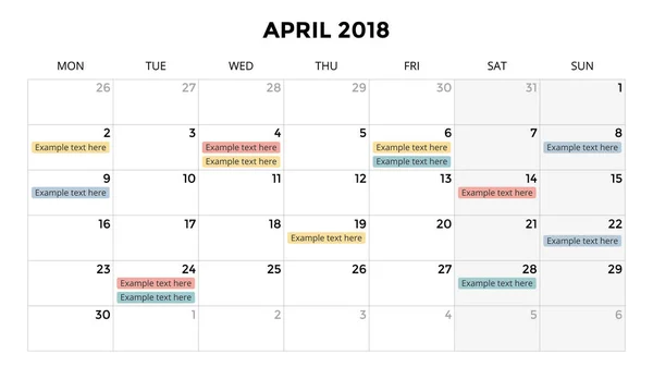 Infografía del calendario, tabla, tabla de presentación. Concepto de periodo comercial. Gerente de tareas. Día, semana, mes. Año 2018. Gestión del tiempo. Diario de fecha del organizador . — Archivo Imágenes Vectoriales