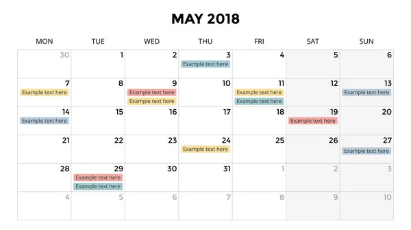 Infografía del calendario, tabla, tabla de presentación. Concepto de periodo comercial. Gerente de tareas. Día, semana, mes. Año 2018. Gestión del tiempo. Diario de fecha del organizador . — Archivo Imágenes Vectoriales