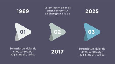 Vektör metaball üçgen zaman çizelgesi Infographic, diyagram grafik, grafik sunum. İş ilerleme kavramı ile 3 seçenekleri, parçalar, adımları, işler. Karanlık slayt 16 x 9.