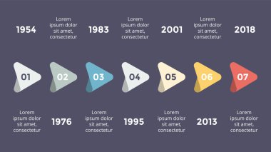 Vektör metaball üçgen zaman çizelgesi Infographic, diyagram grafik, grafik sunum. İş ilerleme kavramı ile 7 seçenekleri, parçalar, adımları, işler. Karanlık slayt 16 x 9.