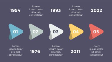 Vektör metaball üçgen zaman çizelgesi Infographic, diyagram grafik, grafik sunum. İş ilerleme kavramı ile 5 seçenekleri, parçalar, adımları, işler. Karanlık slayt 16 x 9.