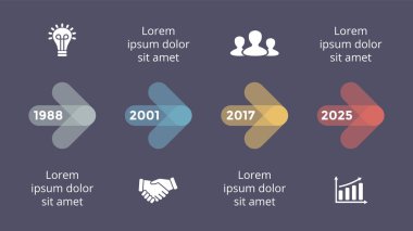 Vektör metaball üçgen zaman çizelgesi Infographic, diyagram grafik, grafik sunum. İş ilerleme kavramı ile 4 seçenekleri, parçalar, adımları, işler. Karanlık slayt 16 x 9.