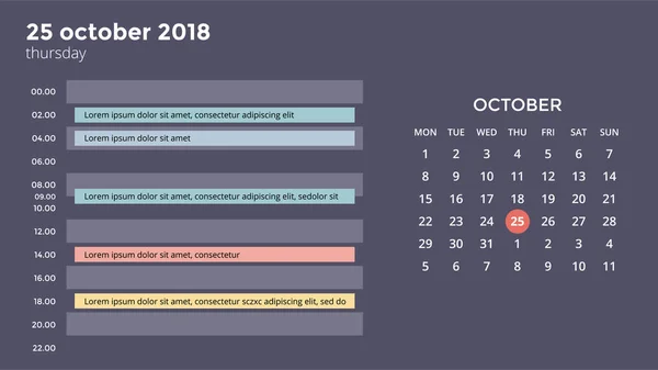 Infográfico de calendário, gráfico de tabela, gráfico de apresentação. Conceito de período de negócios. Gerente de tarefas. Dia, semana, mês. 2018 ano. Gestão de tempo. Diário da data do organizador . — Vetor de Stock