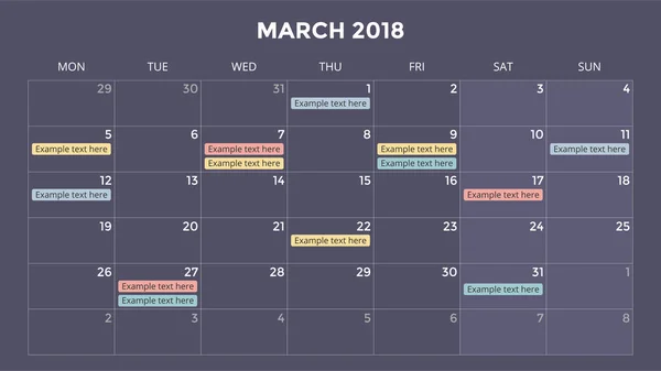 Infografía del calendario, tabla, tabla de presentación. Concepto de periodo comercial. Gerente de tareas. Día, semana, mes. Año 2018. Gestión del tiempo. Diario de fecha del organizador . — Archivo Imágenes Vectoriales