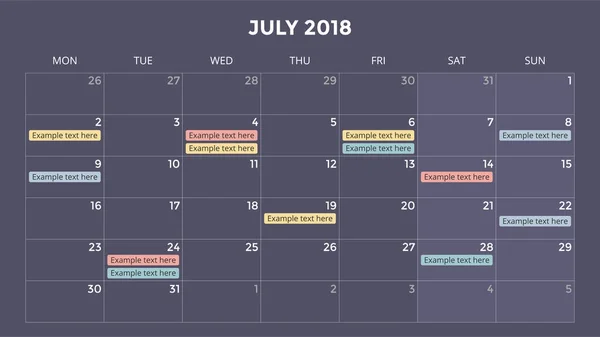 Infografía del calendario, tabla, tabla de presentación. Concepto de periodo comercial. Gerente de tareas. Día, semana, mes. Año 2018. Gestión del tiempo. Diario de fecha del organizador . — Archivo Imágenes Vectoriales