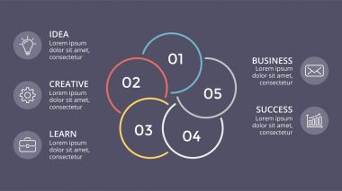 Daire doğrusal okları Infographic vektör, döngüsü diyagramı, grafik, sunu grafik. İş kavramı ile 5 seçenekleri, parçalar, adımları, işler. Karanlık slayt 16 x 9.