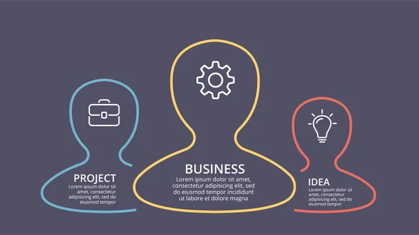 Vector linear teamwork people infographie, diagramme de remue-méninges, tableau de présentation pédagogique. Concept de modèle d'entreprise avec 3 options, pièces, étapes, processus. Réalité d'entreprise . — Image vectorielle