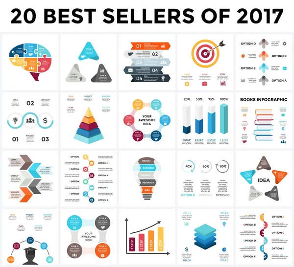 Vektor-Infografiken eingestellt. 20 Bestseller des Jahres 2018. Geschäftsdiagramme, Pfeile, Gründungspräsentationen und Ideendiagramme. — Stockvektor