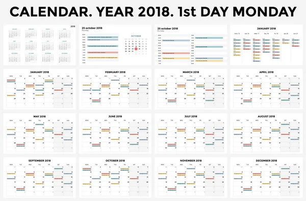 Infografía del calendario, tabla, tabla de presentación. Concepto de periodo comercial. Gerente de tareas. Día, semana, mes. Año 2018. Gestión del tiempo. Diario de fecha del organizador . — Archivo Imágenes Vectoriales