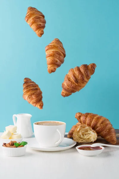 Fresh Delicious Breakfast Coffee Crispy Croissants Jam Retro Blue Background — Stock Photo, Image