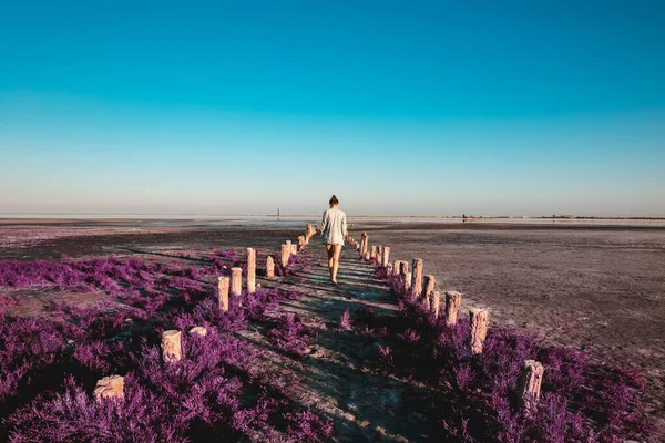 Una joven camina por la playa púrpura. Lugar mágico hermoso paisaje Viajar — Foto de Stock