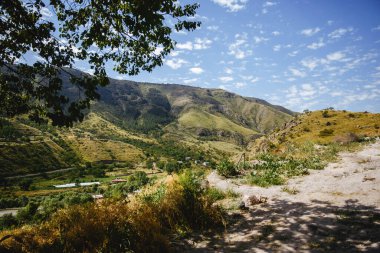 Yeşil alp çayırlarının güzel manzarası. Georgia, Avrupa. Kafkasya dağları manzarası. Güzellik dünyası. Seyahat kavramı
