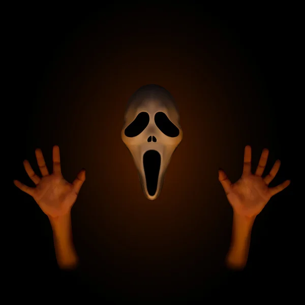Spooky halloween masker met menselijke hand — Stockvector