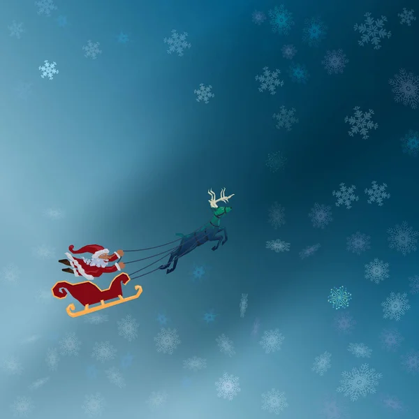 圣诞老人与雪橇飞行与鹿在冬天晚上与雪花图案在蓝色背景 — 图库矢量图片