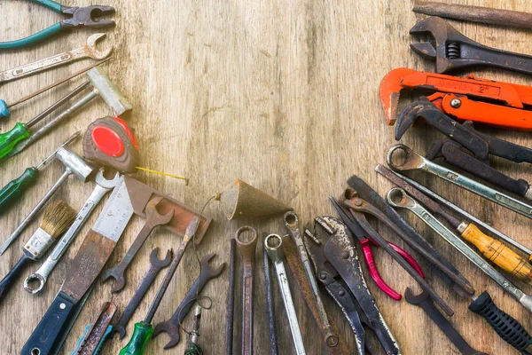 Old Set Work Tool Wooden Background Industry Engineer Tool Concept — стоковое фото