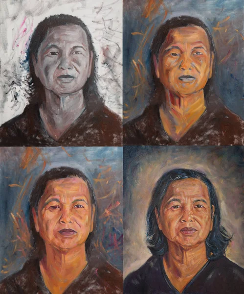 Oil Color Painting Old Thai Woman Portrait Canvas — Stock Photo, Image