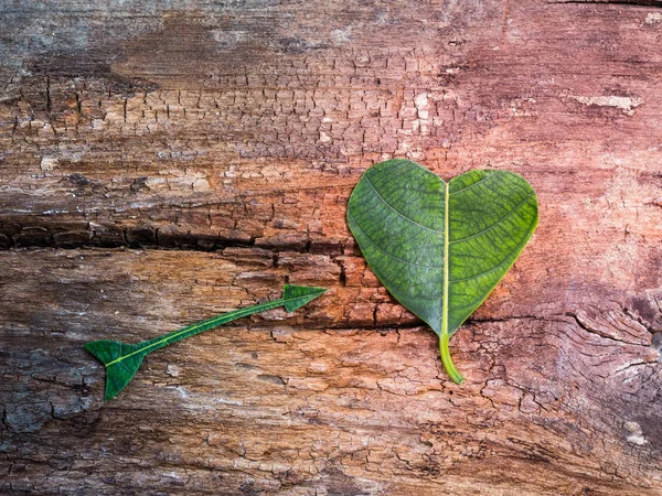 Feuille verte en forme de coeur et de flèche sur fond en bois — Photo