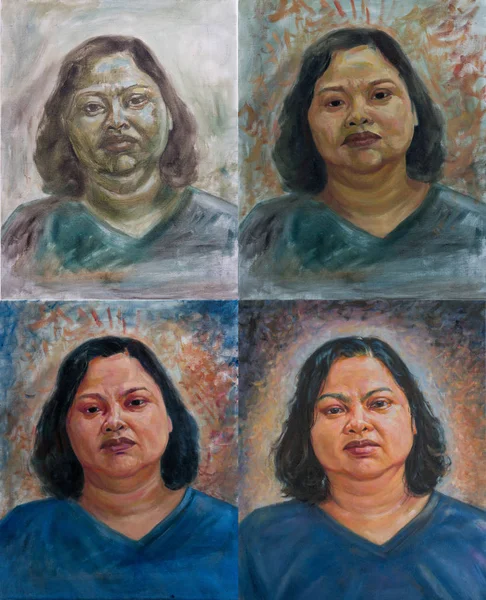 Stap van olie kleur schilderij portret van Thaise vrouw — Stockfoto