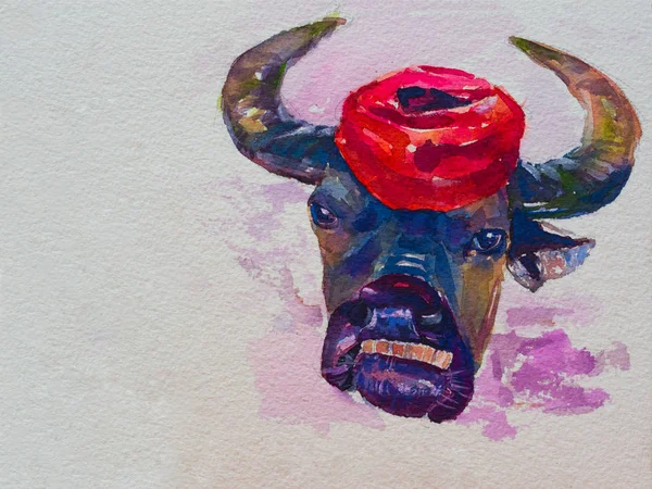Акварель карликового бизона носит красную шляпу — стоковое фото
