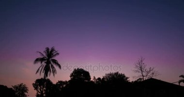 Gün gündoğumu arkasında dağ ve ağaç siluet sıra gecesine