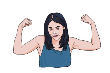 Gülümseyen ve onun mu gösterilen güzel genç güçlü güçlü kadın