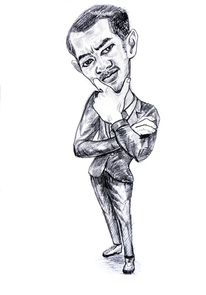 Pencil drawing caricature of businessman in ponder pose  on whit — Stock Photo, Image