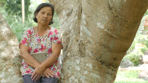 Thai Sonior Woman Sitting And Smiling Under Tree — Stok Video