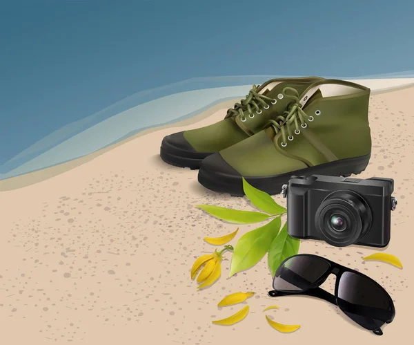 Occhiali da sole, scarpa, macchina fotografica con fiore e foglia sulla spiaggia, vettore — Vettoriale Stock