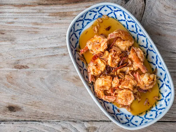 Fried Shrimp Tamarind Sauce White Plate Wooden Table Copy Space — Stock Photo, Image