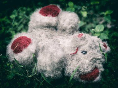 Sol tarafta yeşil bahçesinde terkedilmiş eski beyaz ayı bebek