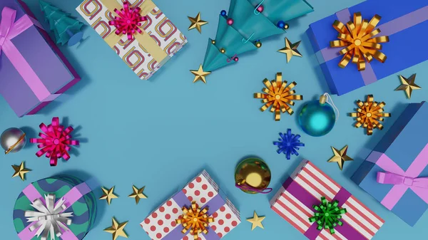 Vista superior de cajas de regalo y árbol de Navidad con bola brillante en blu —  Fotos de Stock