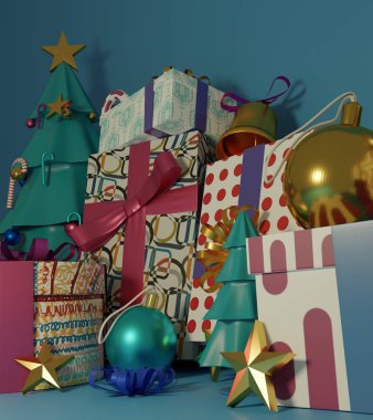 Noel ağacı ve mavi arka planda parlak toplu hediye kutuları