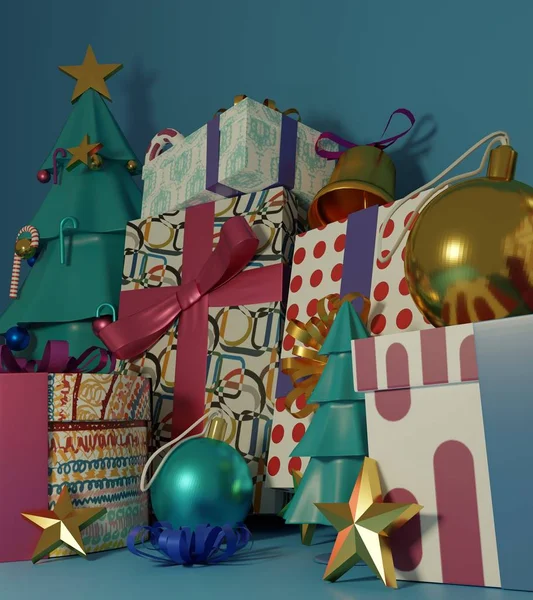 青い背景に光沢のあるボールとクリスマスツリーとギフトボックス — ストック写真