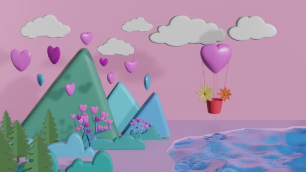 Heart Shape Balloon Floating Forest Group Heart Levitates Mountain Pink — Stok video