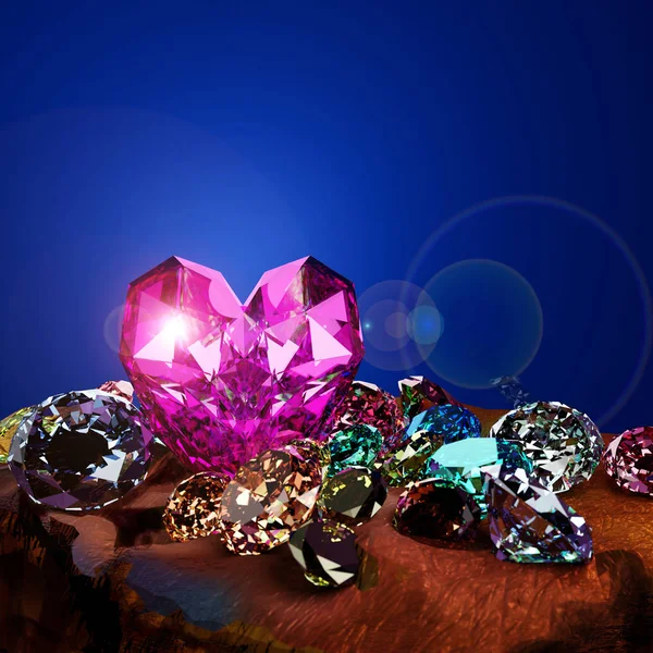 Ein herzförmiger Diamant auf einem Haufen bunter Diamanten auf braunem Gras — Stockfoto