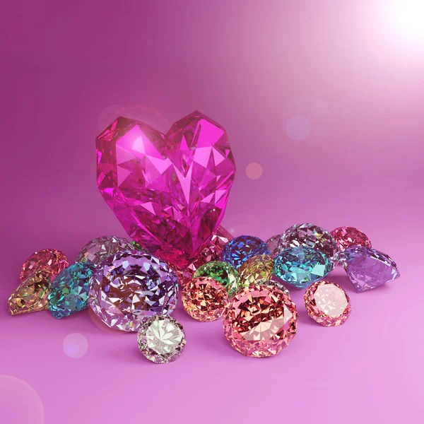 Ein herzförmiger Diamant auf einem Haufen bunter Diamanten auf dem rosafarbenen Rücken — Stockfoto