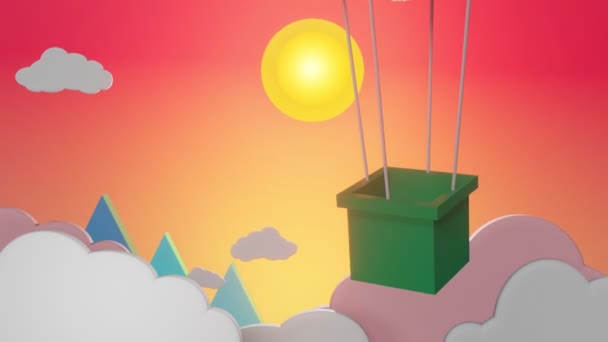 雲の後ろの日没の間に山の上に浮かんでいるハート型の風船 オレンジとピンクの背景にバレンタインテキストが浮かび上がります バレンタインのコンセプト 3Dアニメーション — ストック動画