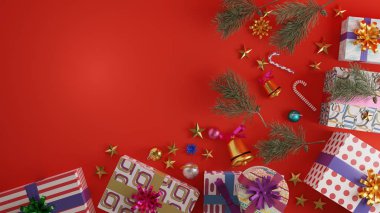 Çam yaprağı ve dekorasyon için süslemeli hediye kutularının üst görüntüsü