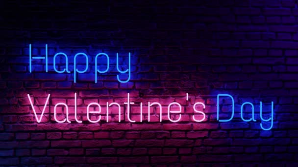 Happy Valentijnsdag Brief Neon Lichte Vorm Roze Blauw Een Bakstenen — Stockvideo