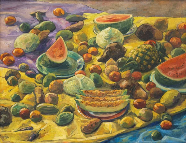 Malarstwo olejne owoców i warzyw na płótnie. — Zdjęcie stockowe
