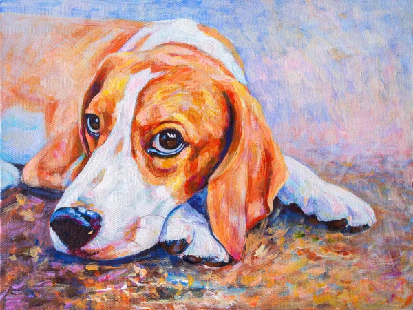 Acrylic color painting of beagle dog on canvas. — ストック写真
