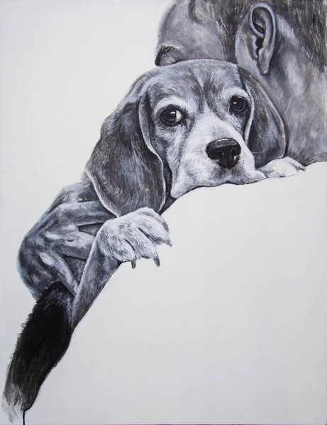 Acrylic Painting Man Carry Beagle Dog Love White Canvas — Stock Photo, Image