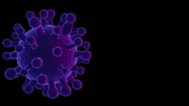 Coronavirus (COVID-19) siyah arka planda tıbbi animasyon. Bulaşıcı virüs Sars-CoV-2 'nin mikroskobik görüntüsü. 3 Boyutlu Canlandırma.
